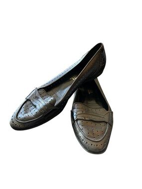 CHANEL Black Leather Perforated Penny Loafers